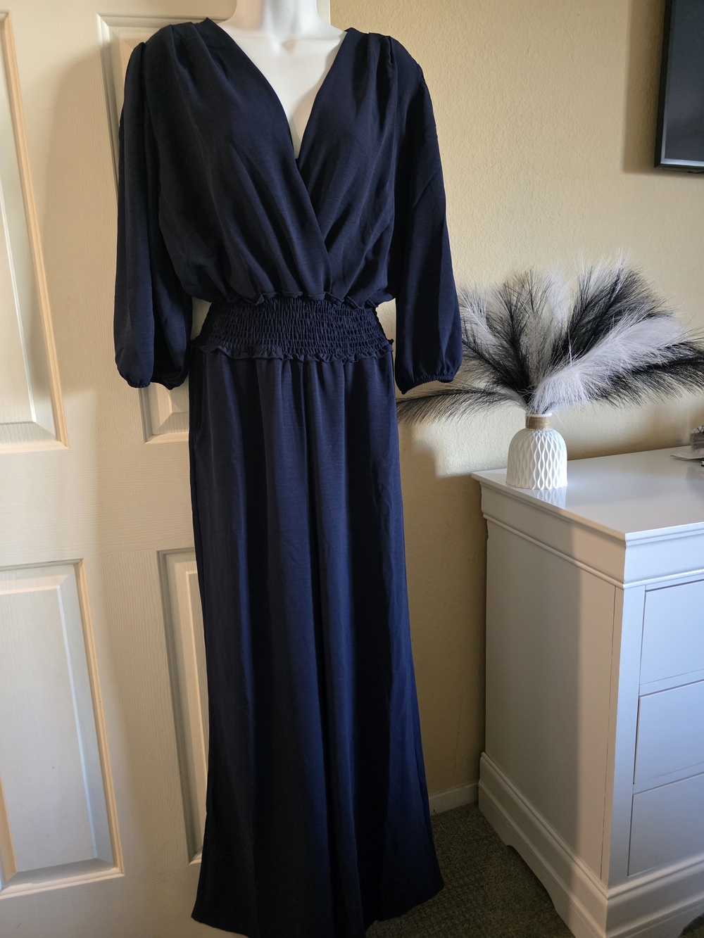 Navy V-Neck Smocked-Waist Jumpsuit